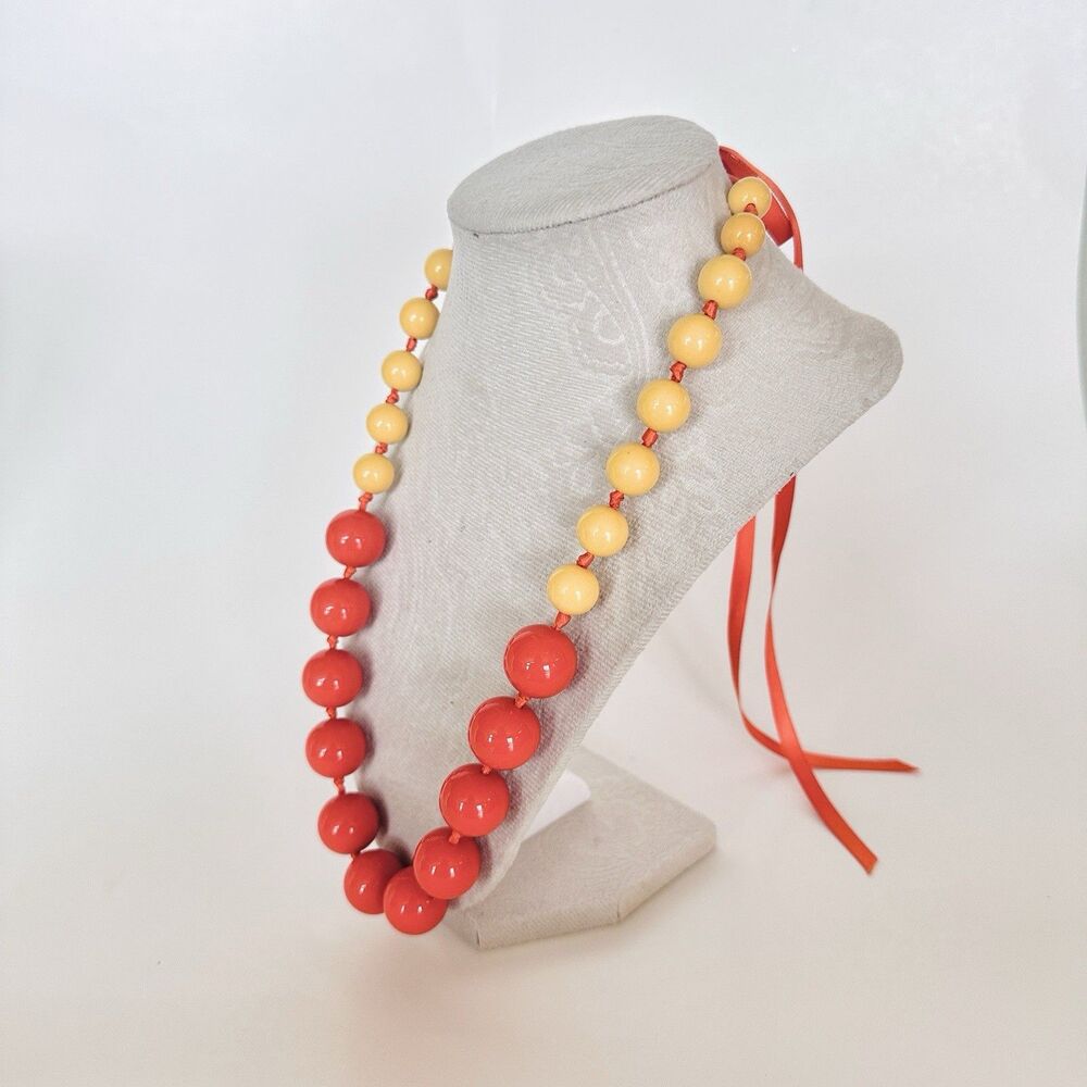 Gum Ball Chunky Beaded Necklace Knotted Tie Satin Ribbon Graduated Orange Yellow